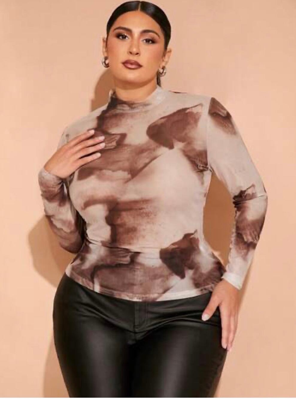Brown Cream Watercolor Print Sheer Long Sleeve Plus Size Layering Top Tee 1X